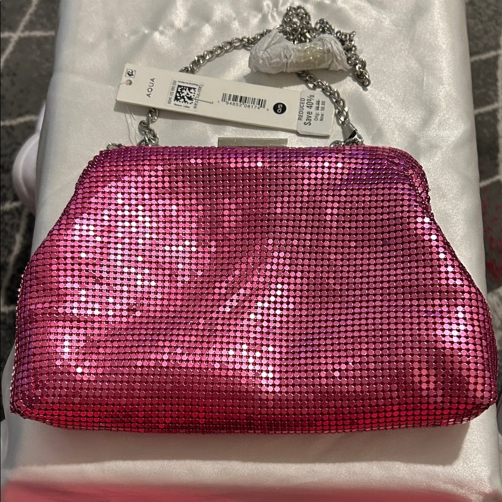 Aqua Fuchsia Sequin Clutch with Silver Chain